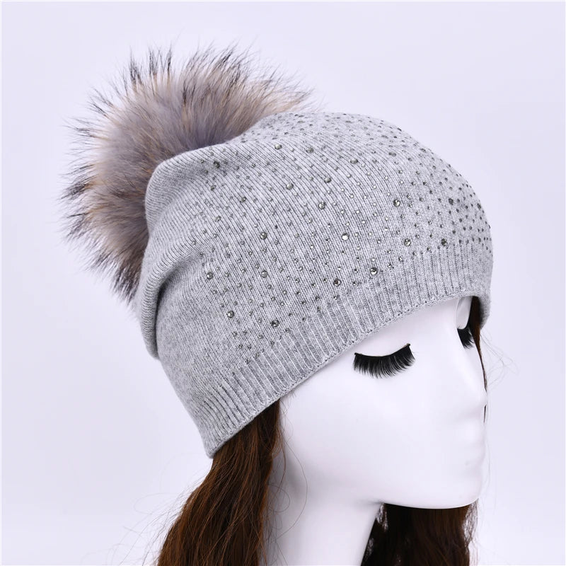 Women's Real Fur Pompon Hat Female Plain Warm Knit Beanie Hat Natural Raccoon Fur Pom Pom Hat Winter Beanies with Fur Pompom