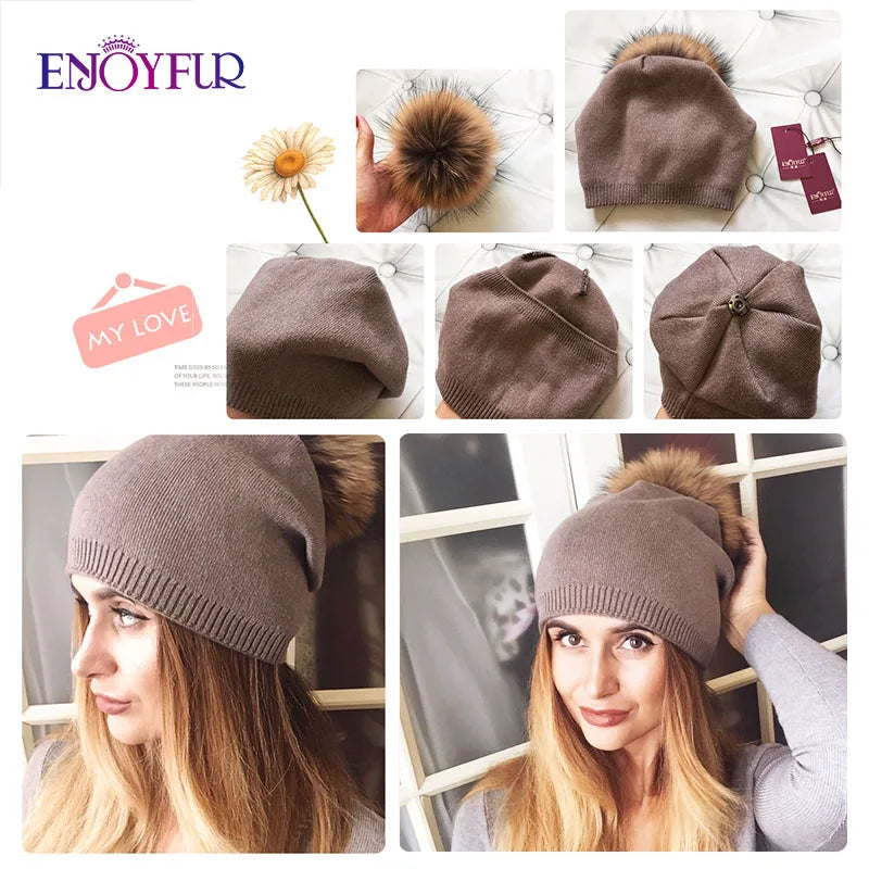 ENJOYFUR Winter women real fur pom pom hats wool knitted thick warm lined beanies hat lady fashion bobble ski caps