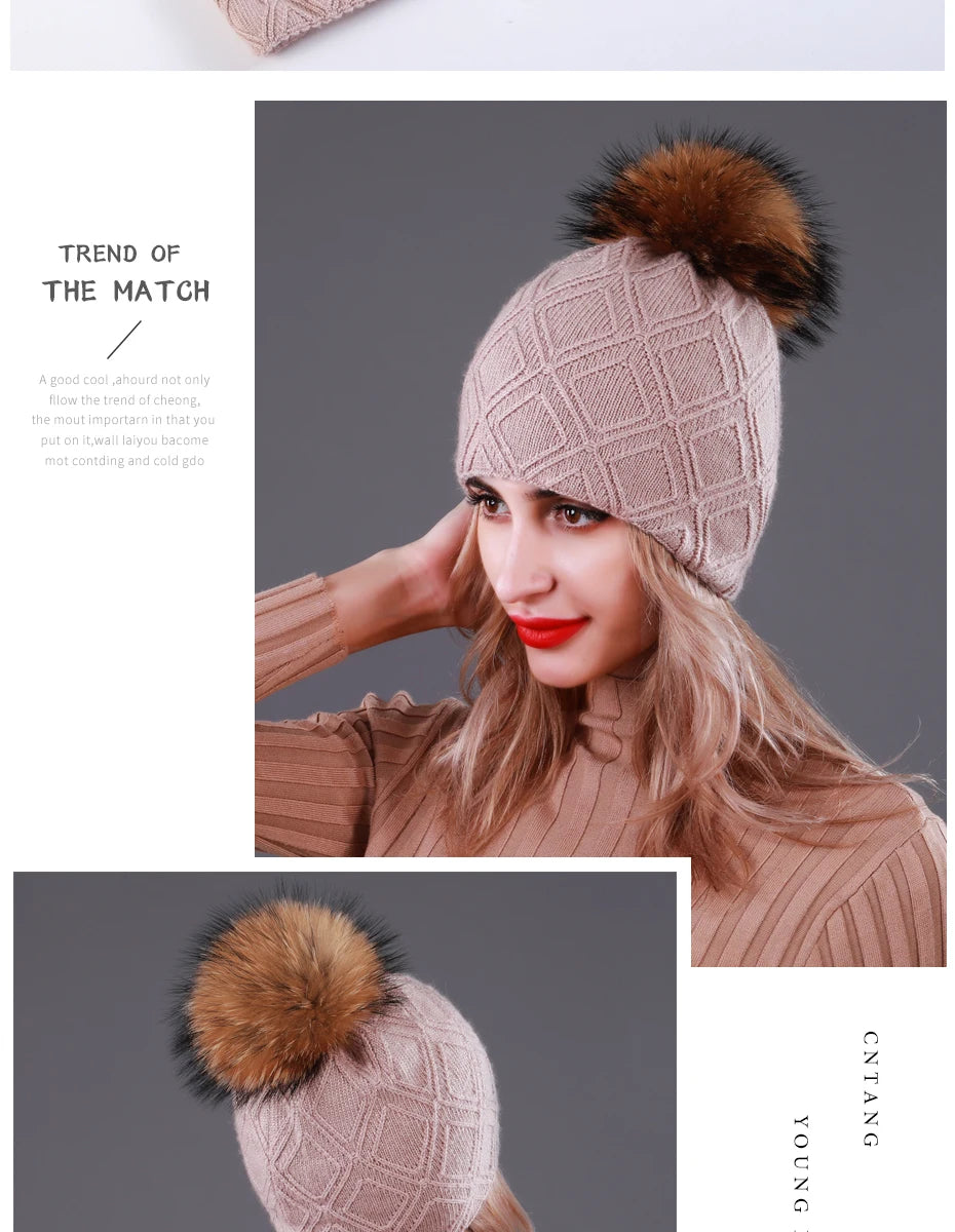 Multiple Styles Fashion Warm Hat Women Winter Beanies Natural Raccoon Fur Pompom Cap Wool Knitted Hats Women High Quality