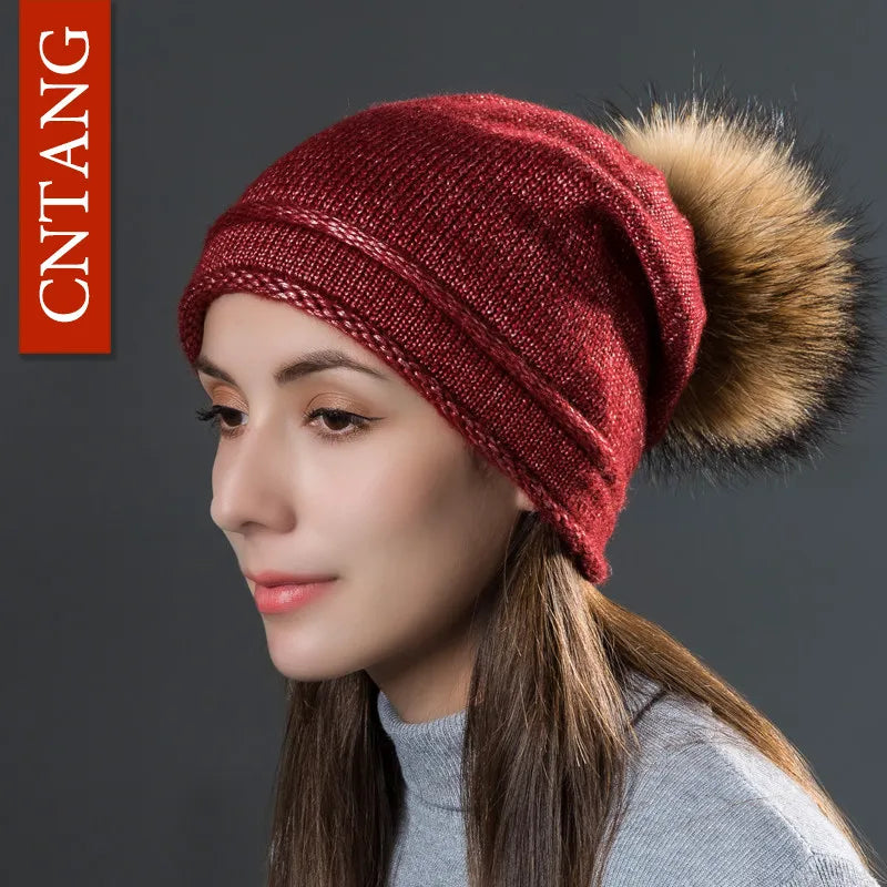 Multiple Styles Fashion Warm Hat Women Winter Beanies Natural Raccoon Fur Pompom Cap Wool Knitted Hats Women High Quality