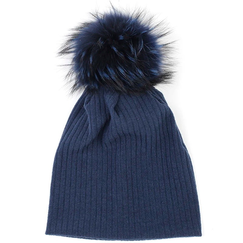 Geebro Women Winter Cotton Ribbed Beanies with 15cm Real Raccoon Fur pompom  Autumn Slouchy Ladies Stretch Striped Skullies Hat