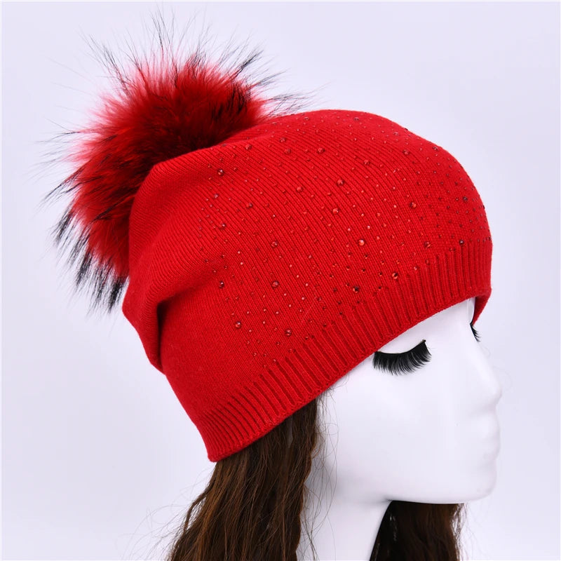 Women's Real Fur Pompon Hat Female Plain Warm Knit Beanie Hat Natural Raccoon Fur Pom Pom Hat Winter Beanies with Fur Pompom