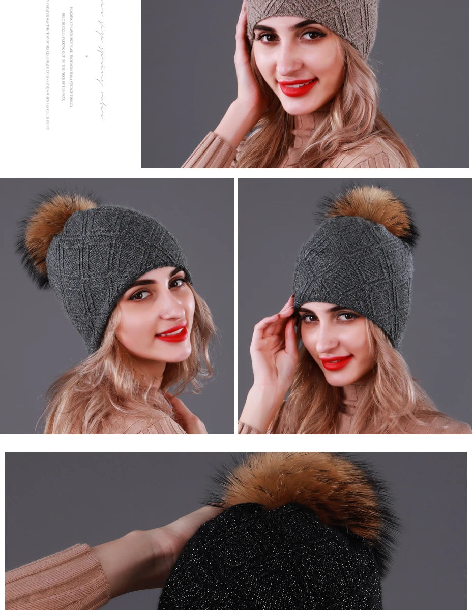 Multiple Styles Fashion Warm Hat Women Winter Beanies Natural Raccoon Fur Pompom Cap Wool Knitted Hats Women High Quality