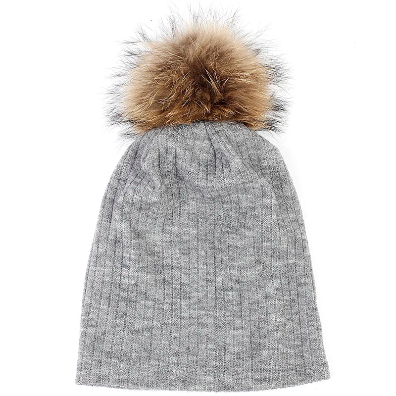 Geebro Women Winter Cotton Ribbed Beanies with 15cm Real Raccoon Fur pompom  Autumn Slouchy Ladies Stretch Striped Skullies Hat