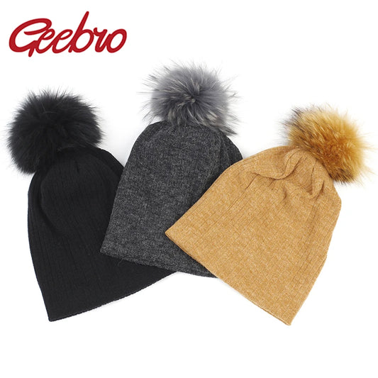 Geebro Women Winter Cotton Ribbed Beanies with 15cm Real Raccoon Fur pompom  Autumn Slouchy Ladies Stretch Striped Skullies Hat