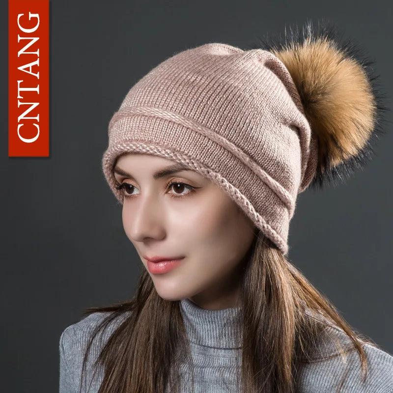 Multiple Styles Fashion Warm Hat Women Winter Beanies Natural Raccoon Fur Pompom Cap Wool Knitted Hats Women High Quality