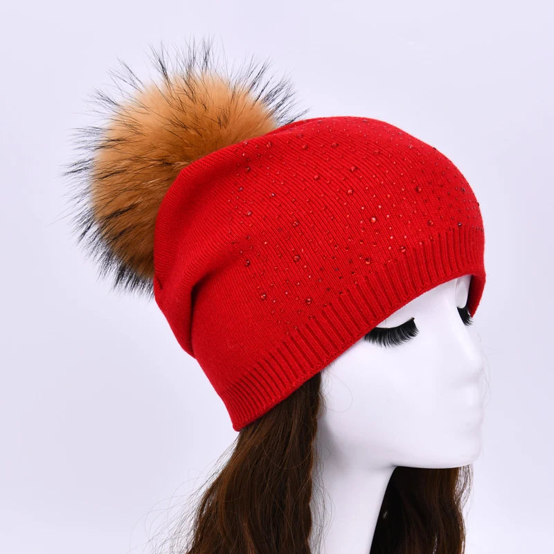 Women's Real Fur Pompon Hat Female Plain Warm Knit Beanie Hat Natural Raccoon Fur Pom Pom Hat Winter Beanies with Fur Pompom