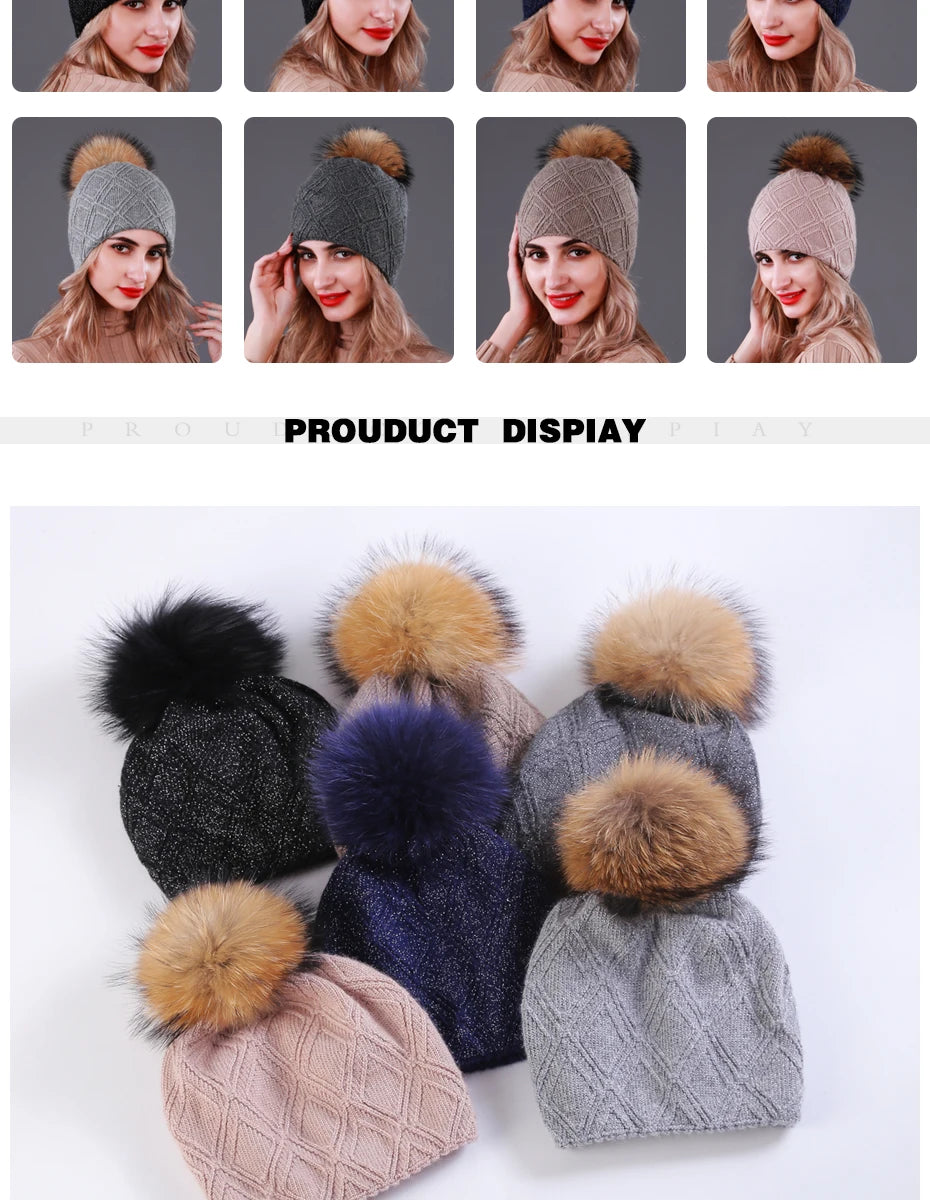 Multiple Styles Fashion Warm Hat Women Winter Beanies Natural Raccoon Fur Pompom Cap Wool Knitted Hats Women High Quality