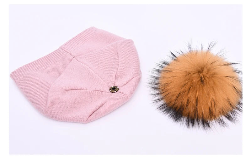 Women's Real Fur Pompon Hat Female Plain Warm Knit Beanie Hat Natural Raccoon Fur Pom Pom Hat Winter Beanies with Fur Pompom