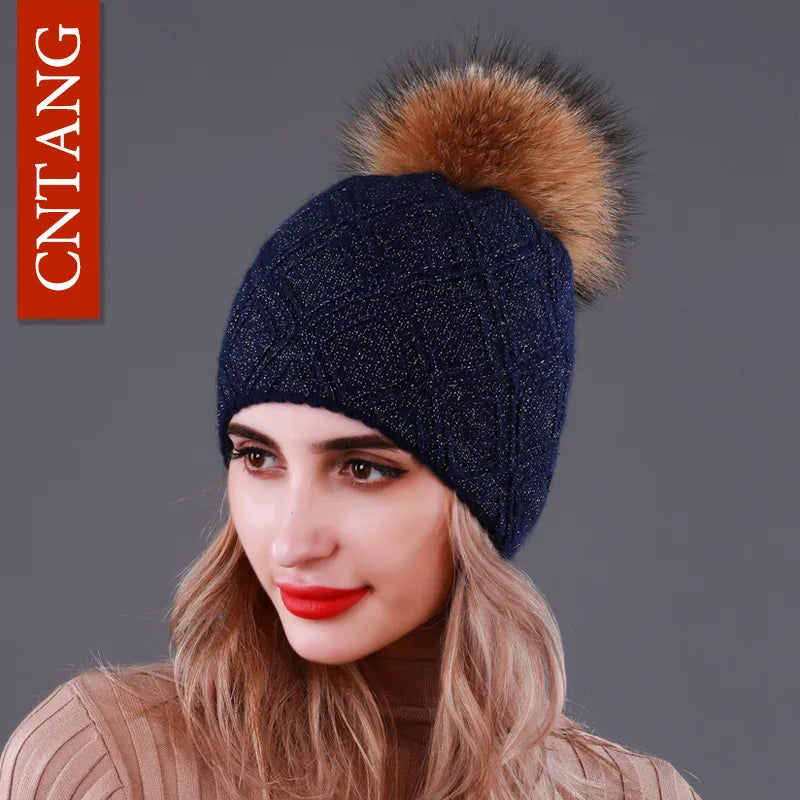 Multiple Styles Fashion Warm Hat Women Winter Beanies Natural Raccoon Fur Pompom Cap Wool Knitted Hats Women High Quality