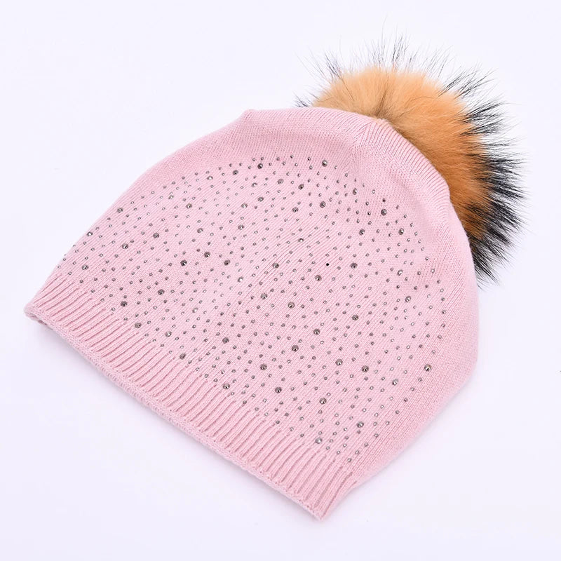 Women's Real Fur Pompon Hat Female Plain Warm Knit Beanie Hat Natural Raccoon Fur Pom Pom Hat Winter Beanies with Fur Pompom