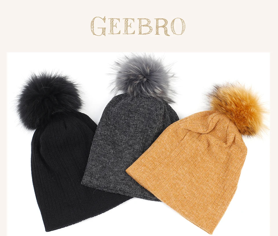 Geebro Women Winter Cotton Ribbed Beanies with 15cm Real Raccoon Fur pompom  Autumn Slouchy Ladies Stretch Striped Skullies Hat