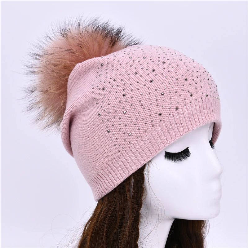 Women's Real Fur Pompon Hat Female Plain Warm Knit Beanie Hat Natural Raccoon Fur Pom Pom Hat Winter Beanies with Fur Pompom