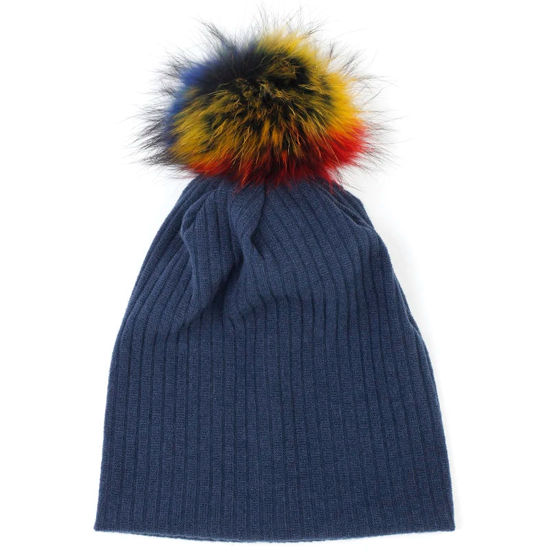 Geebro Women Winter Cotton Ribbed Beanies with 15cm Real Raccoon Fur pompom  Autumn Slouchy Ladies Stretch Striped Skullies Hat