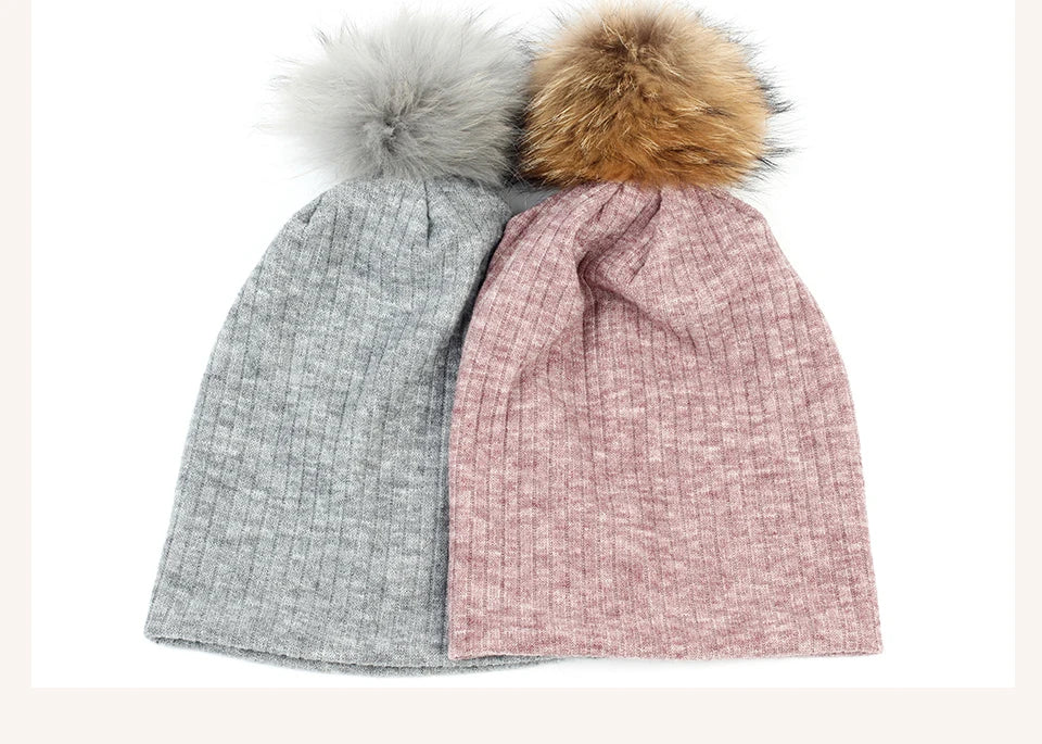 Geebro Women Winter Cotton Ribbed Beanies with 15cm Real Raccoon Fur pompom  Autumn Slouchy Ladies Stretch Striped Skullies Hat