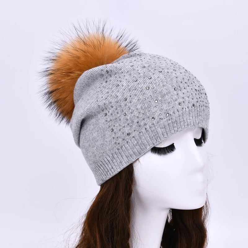 Women's Real Fur Pompon Hat Female Plain Warm Knit Beanie Hat Natural Raccoon Fur Pom Pom Hat Winter Beanies with Fur Pompom