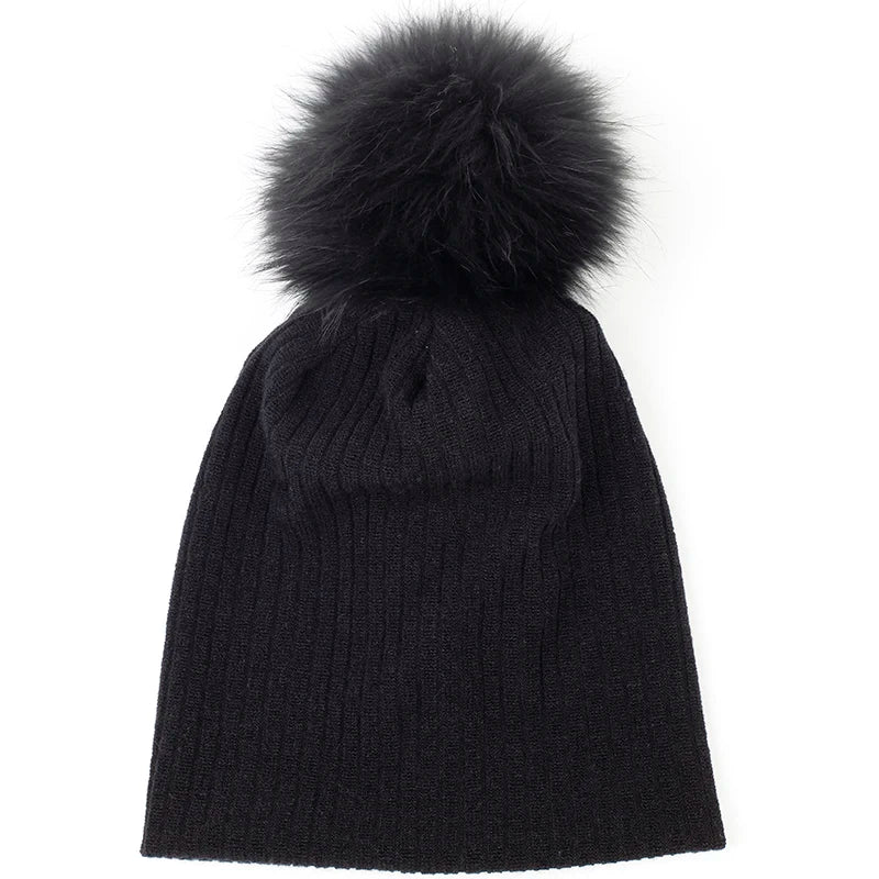 Geebro Women Winter Cotton Ribbed Beanies with 15cm Real Raccoon Fur pompom  Autumn Slouchy Ladies Stretch Striped Skullies Hat