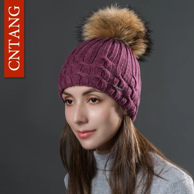 Multiple Styles Fashion Warm Hat Women Winter Beanies Natural Raccoon Fur Pompom Cap Wool Knitted Hats Women High Quality