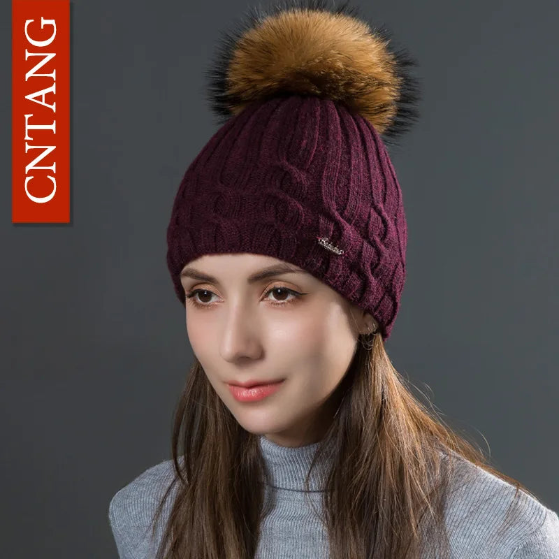 Multiple Styles Fashion Warm Hat Women Winter Beanies Natural Raccoon Fur Pompom Cap Wool Knitted Hats Women High Quality