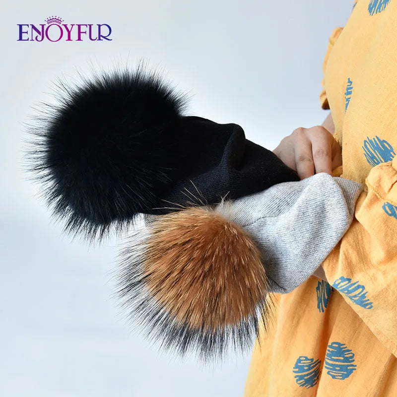 ENJOYFUR Winter women real fur pom pom hats wool knitted thick warm lined beanies hat lady fashion bobble ski caps