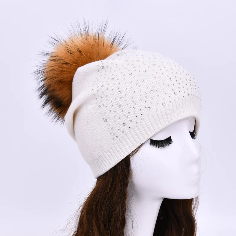 Women's Real Fur Pompon Hat Female Plain Warm Knit Beanie Hat Natural Raccoon Fur Pom Pom Hat Winter Beanies with Fur Pompom