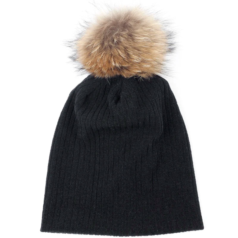 Geebro Women Winter Cotton Ribbed Beanies with 15cm Real Raccoon Fur pompom  Autumn Slouchy Ladies Stretch Striped Skullies Hat