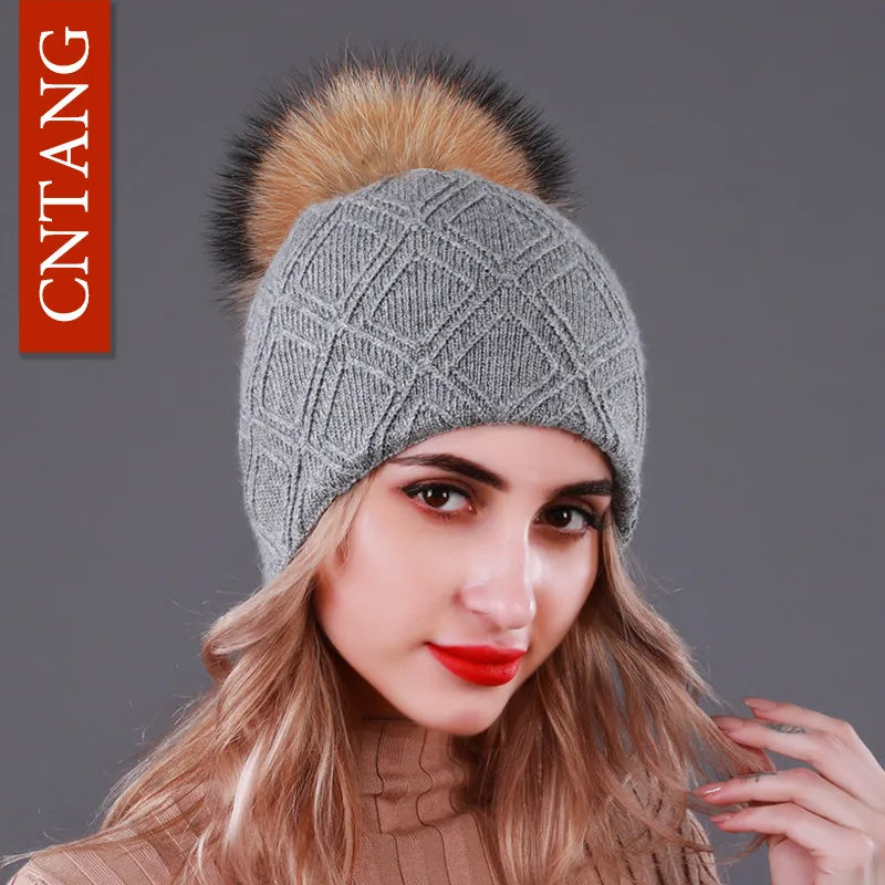 Multiple Styles Fashion Warm Hat Women Winter Beanies Natural Raccoon Fur Pompom Cap Wool Knitted Hats Women High Quality