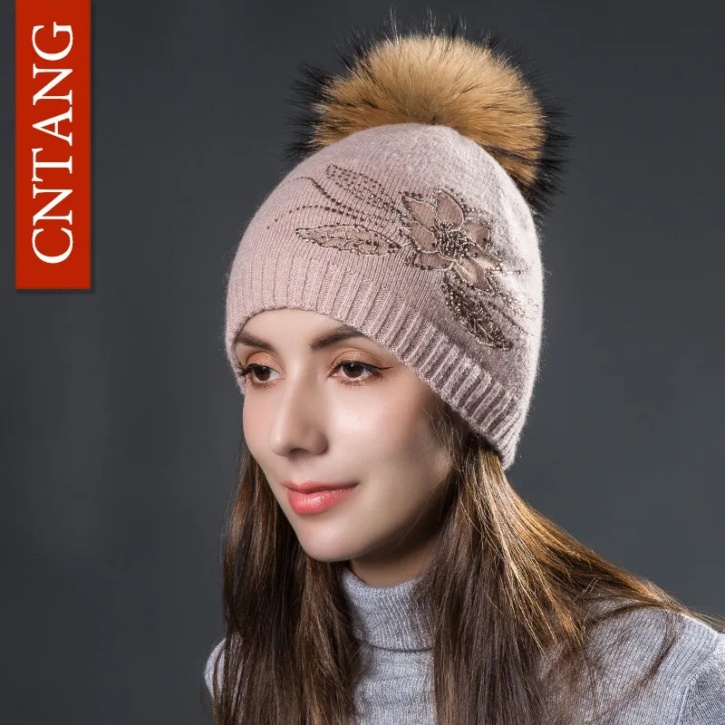 Multiple Styles Fashion Warm Hat Women Winter Beanies Natural Raccoon Fur Pompom Cap Wool Knitted Hats Women High Quality