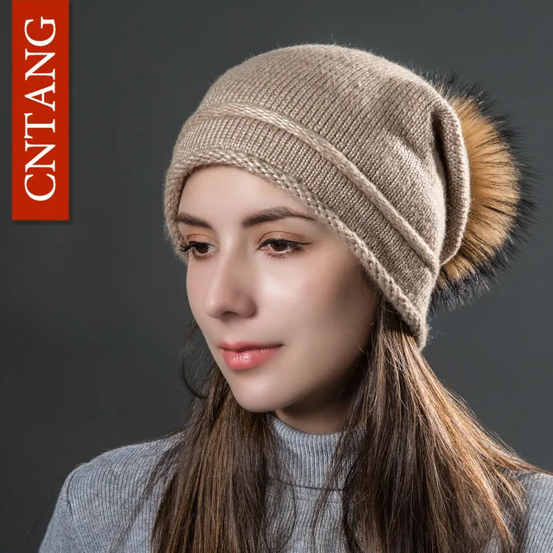 Multiple Styles Fashion Warm Hat Women Winter Beanies Natural Raccoon Fur Pompom Cap Wool Knitted Hats Women High Quality