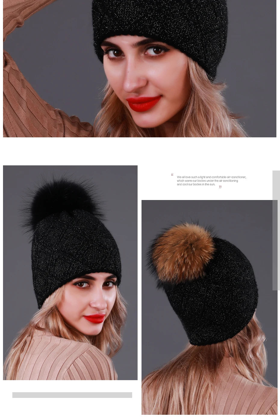 Multiple Styles Fashion Warm Hat Women Winter Beanies Natural Raccoon Fur Pompom Cap Wool Knitted Hats Women High Quality