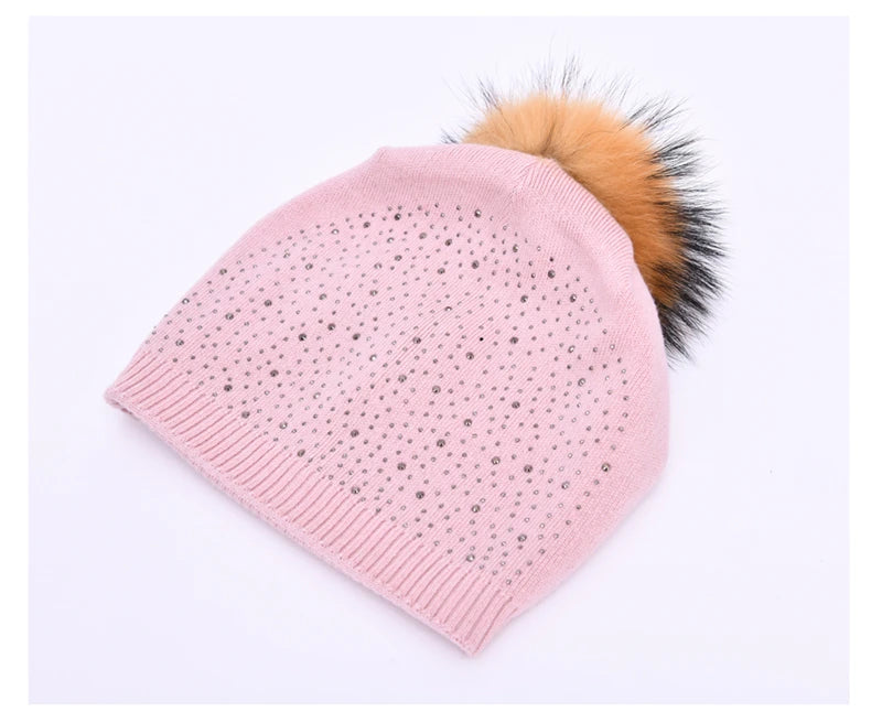 Women's Real Fur Pompon Hat Female Plain Warm Knit Beanie Hat Natural Raccoon Fur Pom Pom Hat Winter Beanies with Fur Pompom