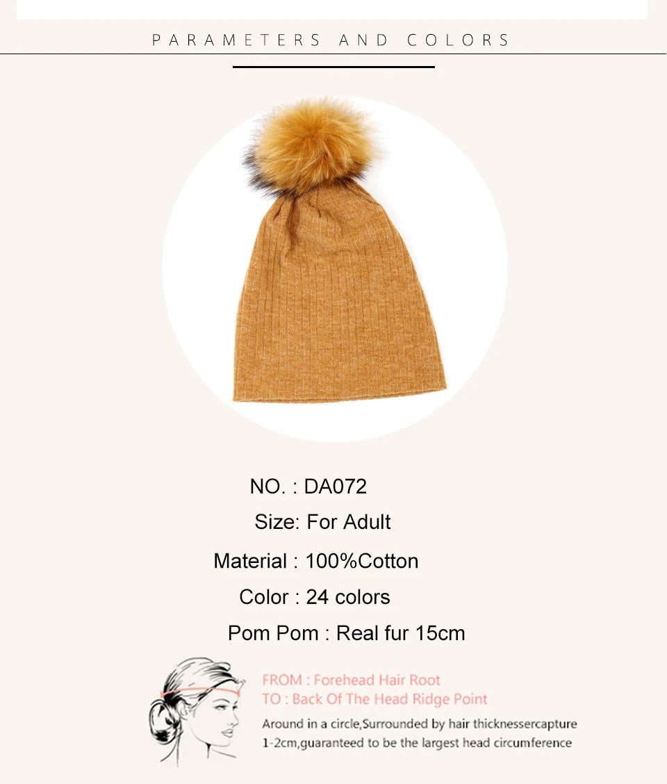 Geebro Women Winter Cotton Ribbed Beanies with 15cm Real Raccoon Fur pompom  Autumn Slouchy Ladies Stretch Striped Skullies Hat