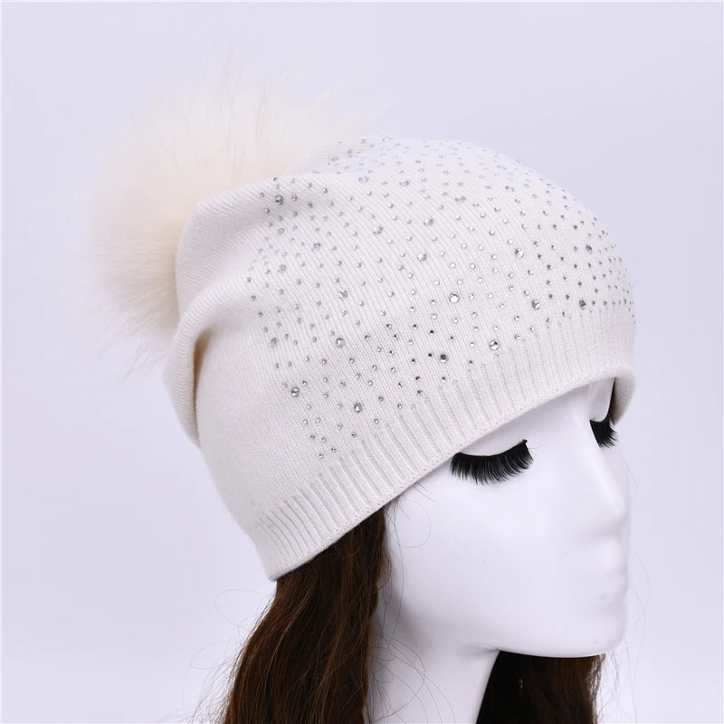 Women's Real Fur Pompon Hat Female Plain Warm Knit Beanie Hat Natural Raccoon Fur Pom Pom Hat Winter Beanies with Fur Pompom