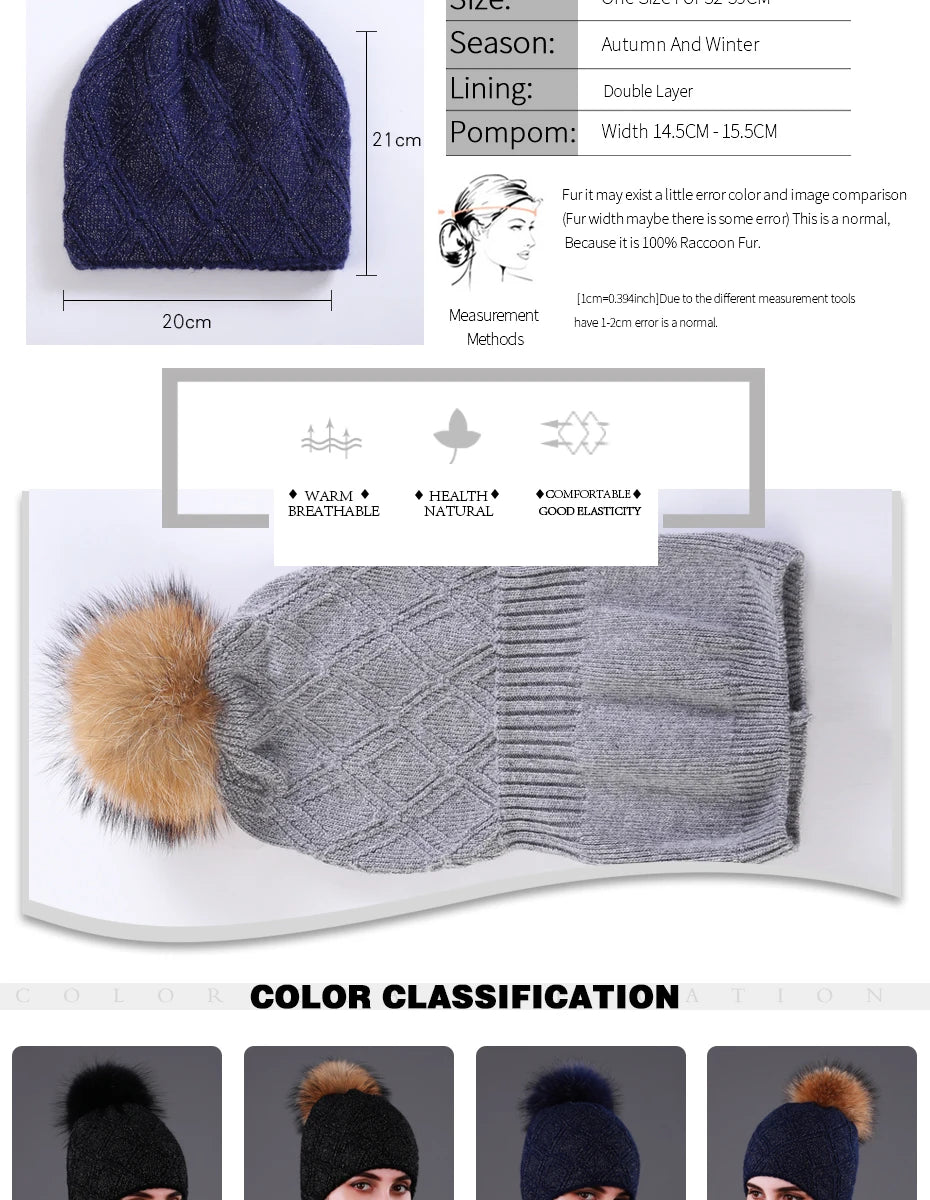 Multiple Styles Fashion Warm Hat Women Winter Beanies Natural Raccoon Fur Pompom Cap Wool Knitted Hats Women High Quality