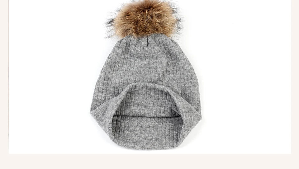 Geebro Women Winter Cotton Ribbed Beanies with 15cm Real Raccoon Fur pompom  Autumn Slouchy Ladies Stretch Striped Skullies Hat