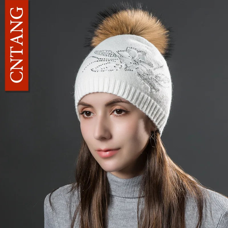 Multiple Styles Fashion Warm Hat Women Winter Beanies Natural Raccoon Fur Pompom Cap Wool Knitted Hats Women High Quality