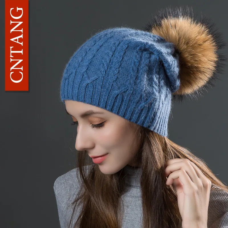 Multiple Styles Fashion Warm Hat Women Winter Beanies Natural Raccoon Fur Pompom Cap Wool Knitted Hats Women High Quality