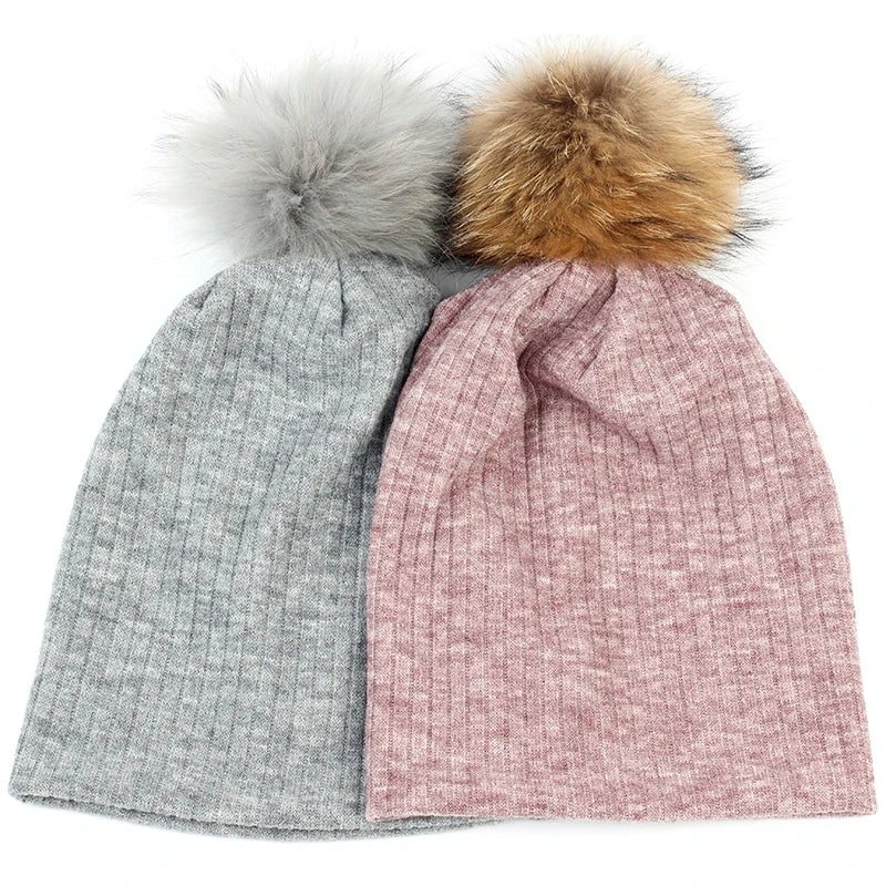 Geebro Women Winter Cotton Ribbed Beanies with 15cm Real Raccoon Fur pompom  Autumn Slouchy Ladies Stretch Striped Skullies Hat