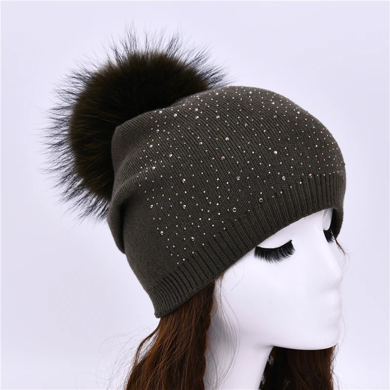 Women's Real Fur Pompon Hat Female Plain Warm Knit Beanie Hat Natural Raccoon Fur Pom Pom Hat Winter Beanies with Fur Pompom