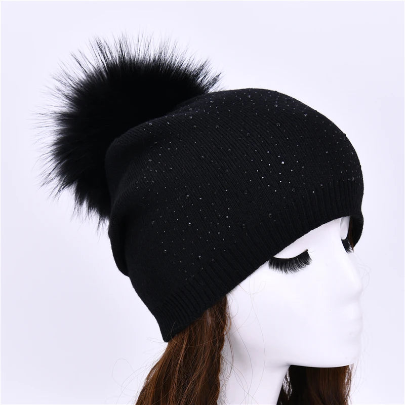 Women's Real Fur Pompon Hat Female Plain Warm Knit Beanie Hat Natural Raccoon Fur Pom Pom Hat Winter Beanies with Fur Pompom