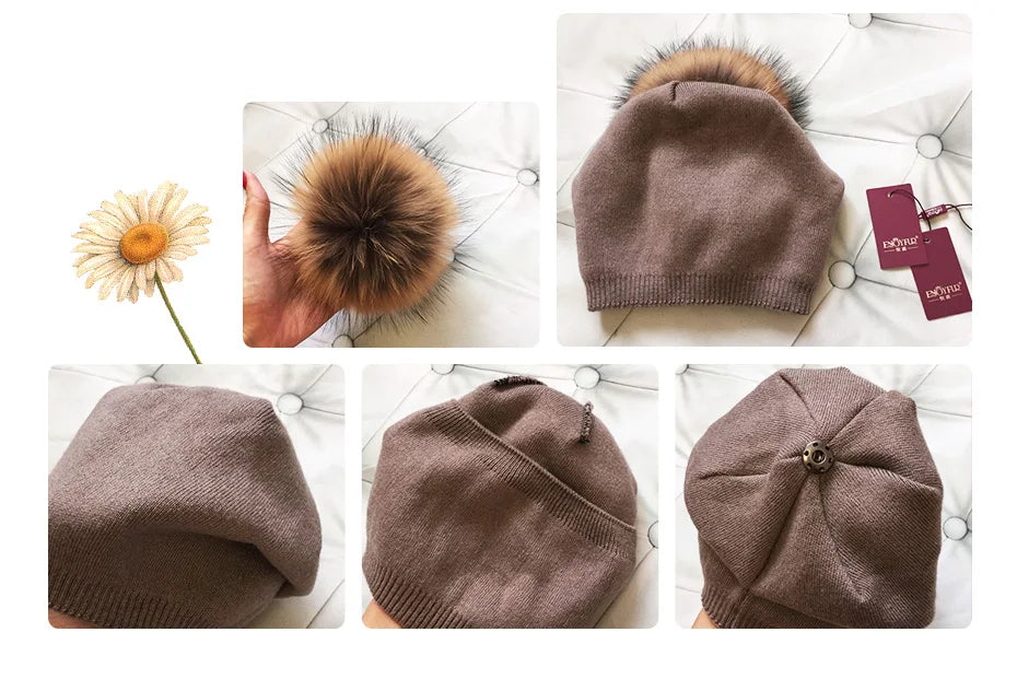 ENJOYFUR Winter women real fur pom pom hats wool knitted thick warm lined beanies hat lady fashion bobble ski caps