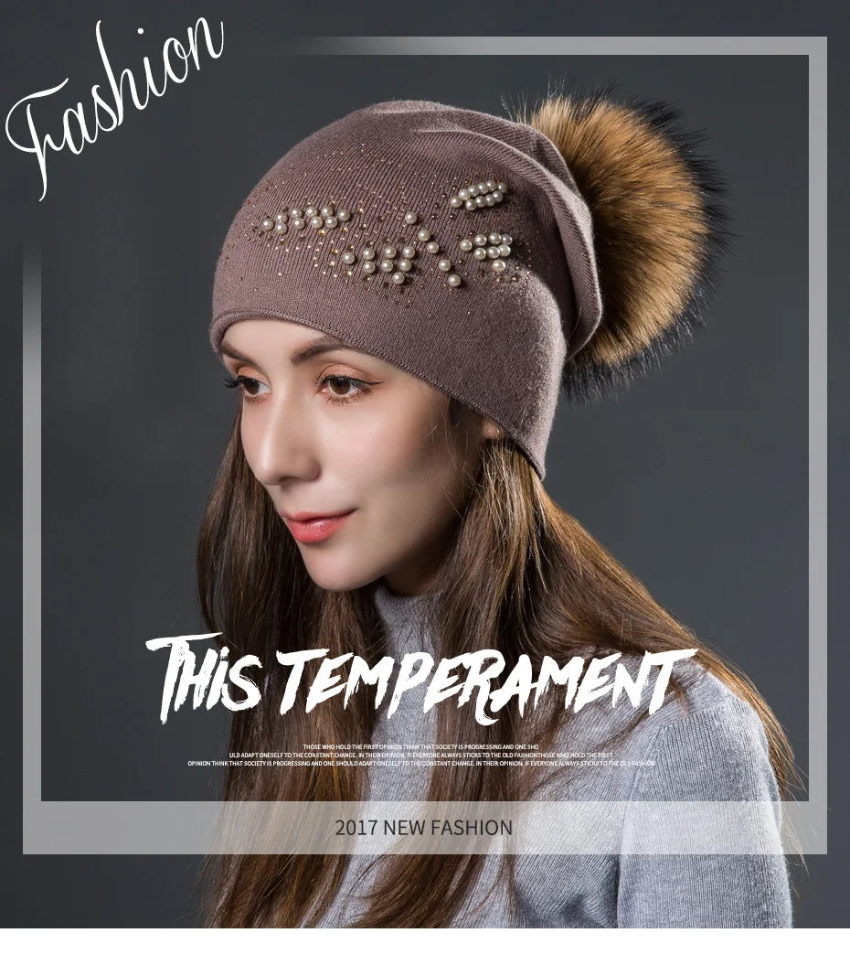 CNTANG 2024 Fashion Pearl Butterfly Women Hats Knitted Wool Beanies Autumn Winter Warm Caps With Natural Fur Pom Pom Ladies Hat