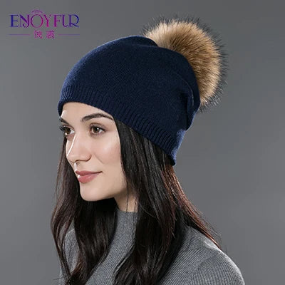 ENJOYFUR Winter women real fur pom pom hats wool knitted thick warm lined beanies hat lady fashion bobble ski caps