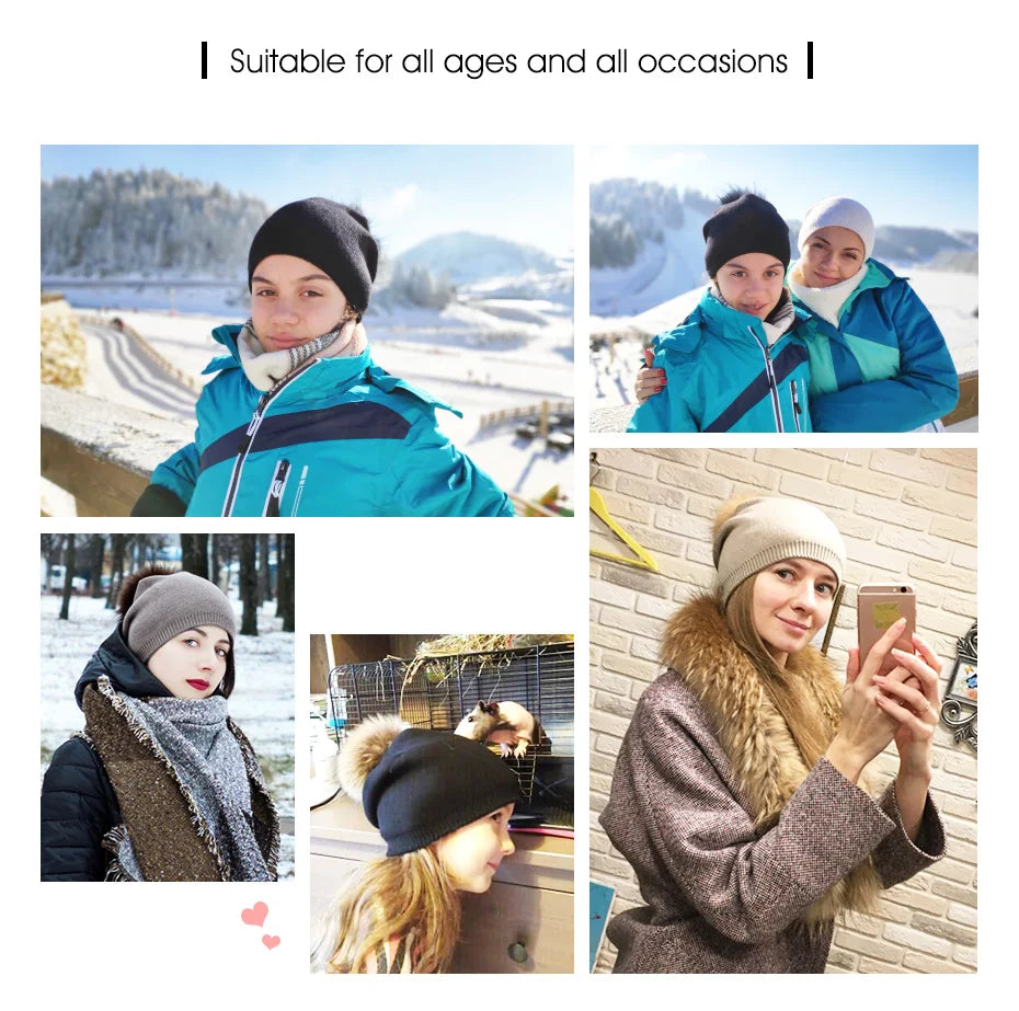 ENJOYFUR Winter women real fur pom pom hats wool knitted thick warm lined beanies hat lady fashion bobble ski caps