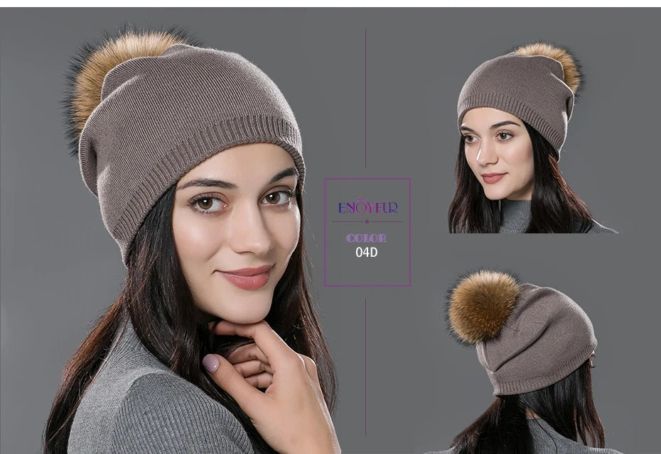 ENJOYFUR Winter women real fur pom pom hats wool knitted thick warm lined beanies hat lady fashion bobble ski caps