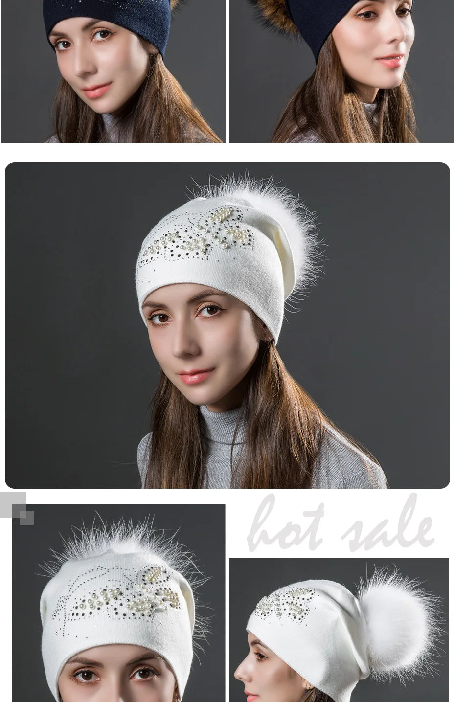 CNTANG 2024 Fashion Pearl Butterfly Women Hats Knitted Wool Beanies Autumn Winter Warm Caps With Natural Fur Pom Pom Ladies Hat