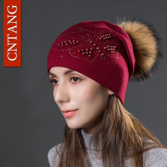 CNTANG 2024 Fashion Pearl Butterfly Women Hats Knitted Wool Beanies Autumn Winter Warm Caps With Natural Fur Pom Pom Ladies Hat