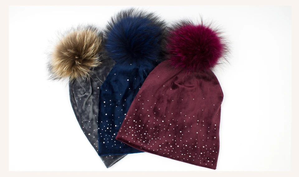 Geebro Winter Women's Pom Pom Rhinestones Beanie Hat and Neck Scarves Casual Casual Velvet  Beanies Hat With Raccoon Fur Pompon