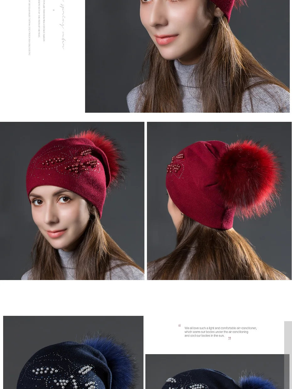 CNTANG 2024 Fashion Pearl Butterfly Women Hats Knitted Wool Beanies Autumn Winter Warm Caps With Natural Fur Pom Pom Ladies Hat