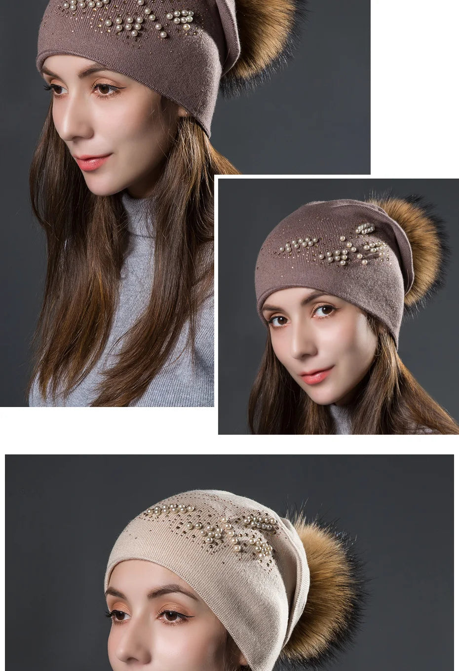 CNTANG 2024 Fashion Pearl Butterfly Women Hats Knitted Wool Beanies Autumn Winter Warm Caps With Natural Fur Pom Pom Ladies Hat